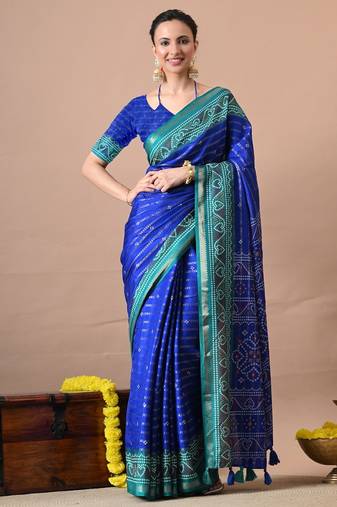 Blue zari woven stripes printed cotton silk,silk blend saree with unstitched blouse piece