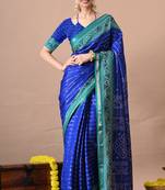 Blue zari woven stripes printed cotton silk,silk blend saree with unstitched blouse piece