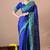 Blue zari woven stripes printed cotton silk,silk blend saree with unstitched blouse piece