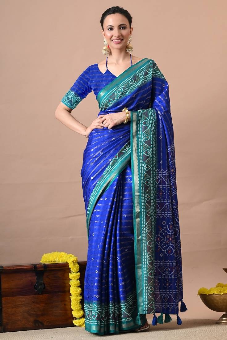 Blue zari woven stripes printed cotton silk,silk blend saree with unstitched blouse piece
