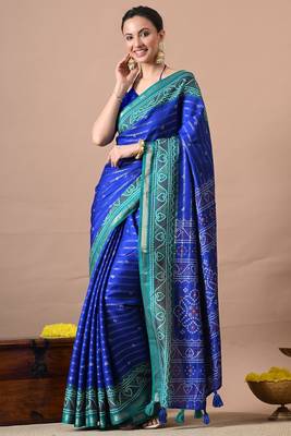 Blue zari woven stripes printed cotton silk,silk blend saree with unstitched blouse piece 2