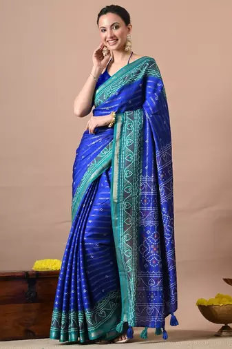 Blue zari woven stripes printed cotton silk,silk blend saree with unstitched blouse piece