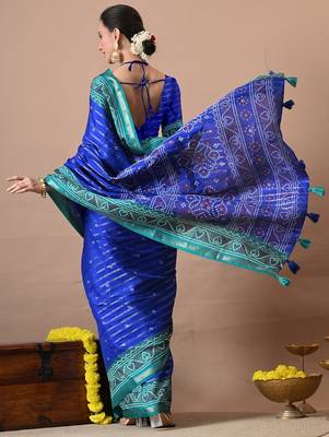 Blue zari woven stripes printed cotton silk,silk blend saree with unstitched blouse piece 3