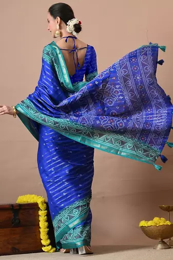 Blue zari woven stripes printed cotton silk,silk blend saree with unstitched blouse piece