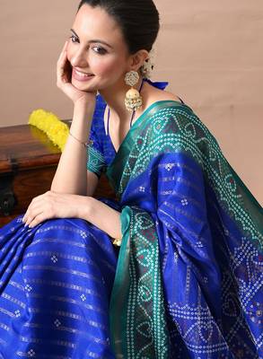 Blue zari woven stripes printed cotton silk,silk blend saree with unstitched blouse piece 4