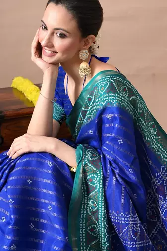 Blue zari woven stripes printed cotton silk,silk blend saree with unstitched blouse piece