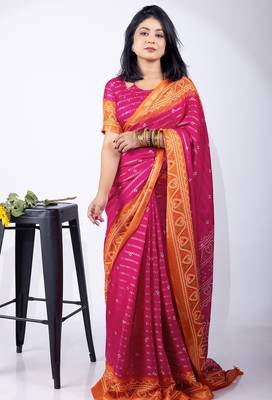 pink zari woven stripes printed cotton silk,silk blend saree with unstitched blouse piece 1