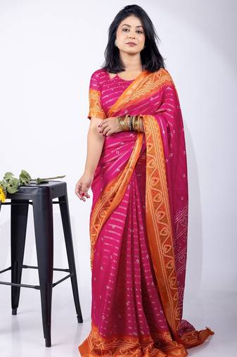 pink zari woven stripes printed cotton silk,silk blend saree with unstitched blouse piece