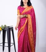 pink zari woven stripes printed cotton silk,silk blend saree with unstitched blouse piece