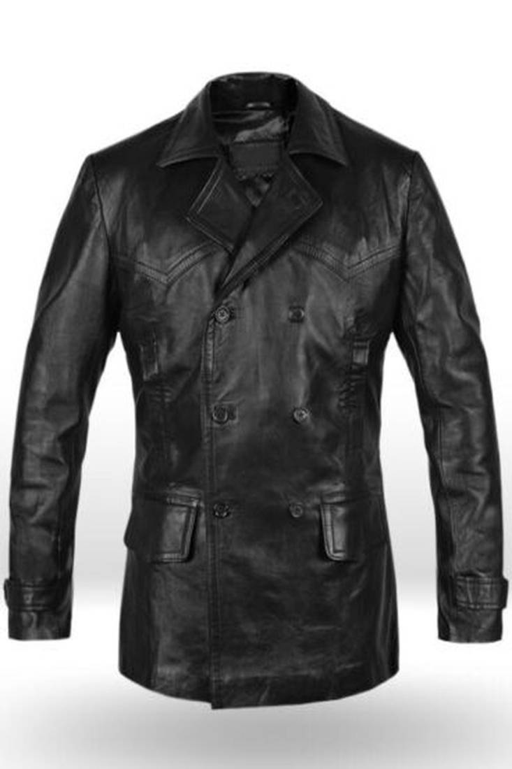 Men's black lambskin leather coat 2 envelope pocket & button detail