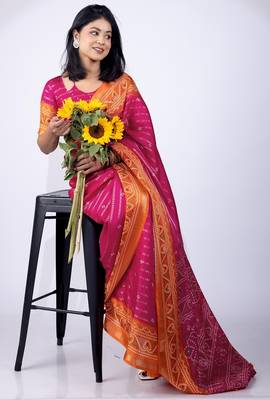 pink zari woven stripes printed cotton silk,silk blend saree with unstitched blouse piece 2