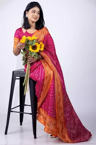 pink zari woven stripes printed cotton silk,silk blend saree with unstitched blouse piece