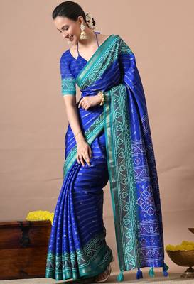 Blue zari woven stripes printed cotton silk,silk blend saree with unstitched blouse piece 5
