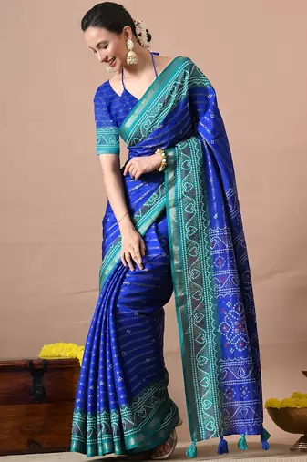 Blue zari woven stripes printed cotton silk,silk blend saree with unstitched blouse piece