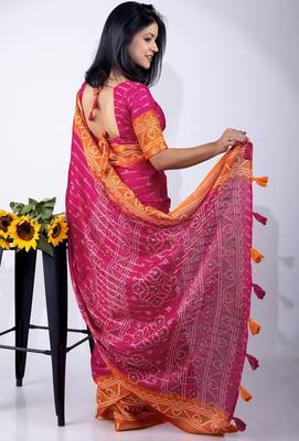 pink zari woven stripes printed cotton silk,silk blend saree with unstitched blouse piece 3