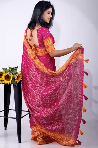 pink zari woven stripes printed cotton silk,silk blend saree with unstitched blouse piece