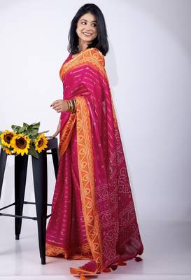 pink zari woven stripes printed cotton silk,silk blend saree with unstitched blouse piece 4