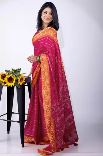 pink zari woven stripes printed cotton silk,silk blend saree with unstitched blouse piece