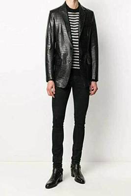 Men's black crocodile lambskin leather blazer single-breasted  & jetted chest pocket  detail 1