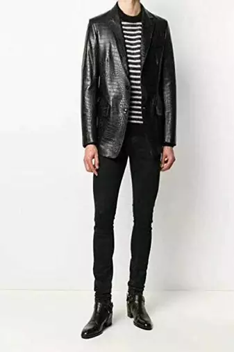 Men's black crocodile lambskin leather blazer single-breasted  & jetted chest pocket  detail