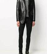 Men's black crocodile lambskin leather blazer single-breasted  & jetted chest pocket  detail