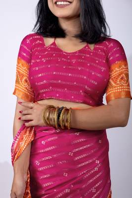 pink zari woven stripes printed cotton silk,silk blend saree with unstitched blouse piece 5