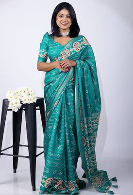 aqua blue zari woven stripes printed cotton silk,silk blend saree with unstitched blouse piece 1