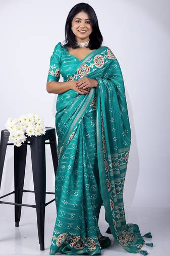 aqua blue zari woven stripes printed cotton silk,silk blend saree with unstitched blouse piece