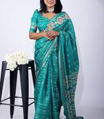 aqua blue zari woven stripes printed cotton silk,silk blend saree with unstitched blouse piece