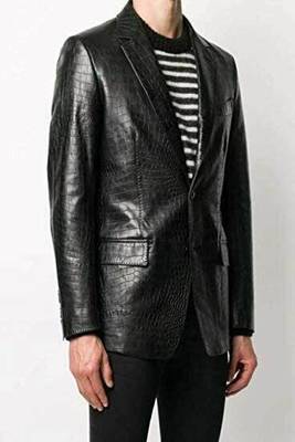 Men's black crocodile lambskin leather blazer single-breasted  & jetted chest pocket  detail 2
