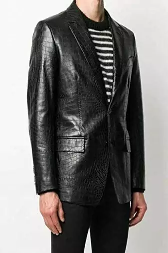 Men's black crocodile lambskin leather blazer single-breasted  & jetted chest pocket  detail