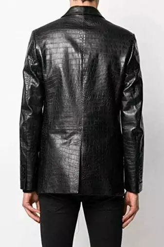 Men's black crocodile lambskin leather blazer single-breasted  & jetted chest pocket  detail