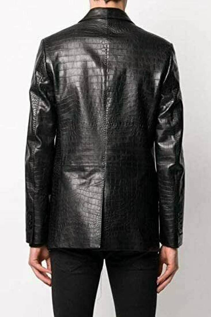Men's black crocodile lambskin leather blazer single-breasted  & jetted chest pocket  detail