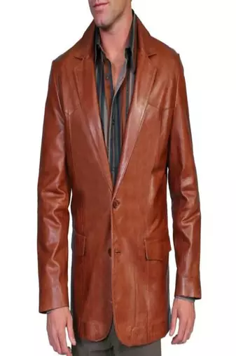 Men's brown lambskin leather blazer coat look 2 flap pocket & button detail