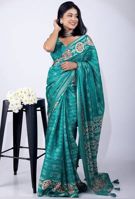 aqua blue zari woven stripes printed cotton silk,silk blend saree with unstitched blouse piece 2