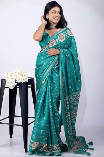 aqua blue zari woven stripes printed cotton silk,silk blend saree with unstitched blouse piece
