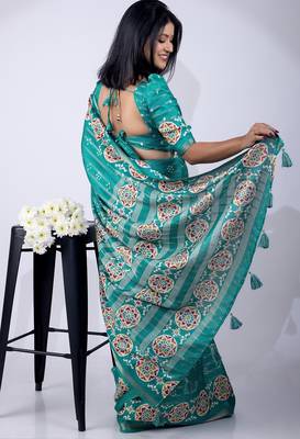 aqua blue zari woven stripes printed cotton silk,silk blend saree with unstitched blouse piece 3