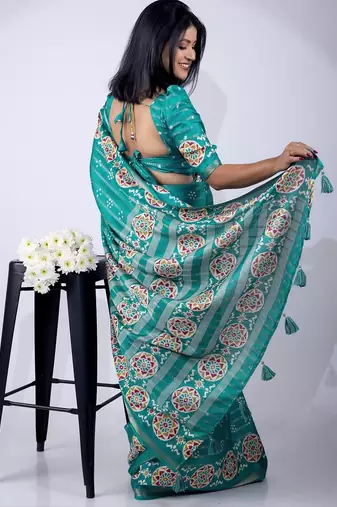 aqua blue zari woven stripes printed cotton silk,silk blend saree with unstitched blouse piece