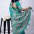 aqua blue zari woven stripes printed cotton silk,silk blend saree with unstitched blouse piece