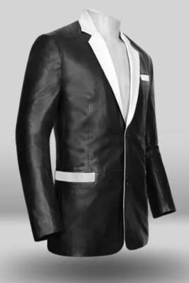 Men's black & white lambskin leather coat blazer 2 flap pocket & button detail 1