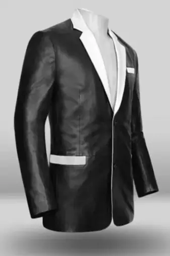 Men's black & white lambskin leather coat blazer 2 flap pocket & button detail