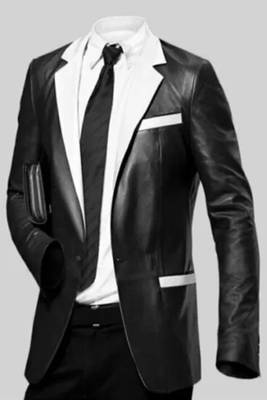 Men's black & white lambskin leather coat blazer 2 flap pocket & button detail 2