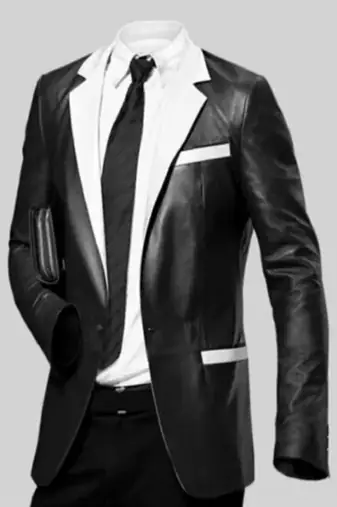 Men's black & white lambskin leather coat blazer 2 flap pocket & button detail