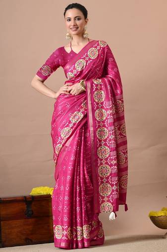 magenta zari woven stripes printed cotton silk,silk blend saree with unstitched blouse piece