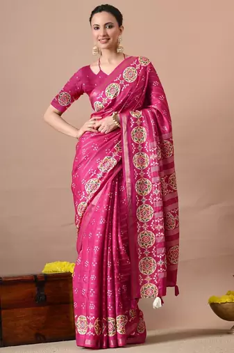 magenta zari woven stripes printed cotton silk,silk blend saree with unstitched blouse piece