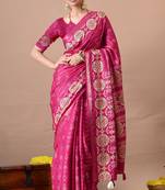 magenta zari woven stripes printed cotton silk,silk blend saree with unstitched blouse piece