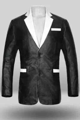 Men's black & white lambskin leather coat blazer 2 flap pocket & button detail 3