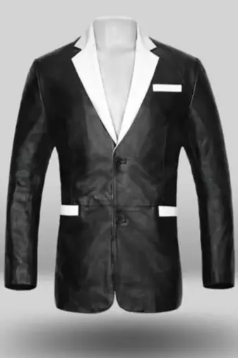 Men's black & white lambskin leather coat blazer 2 flap pocket & button detail