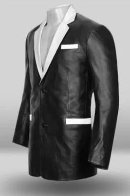 Men's black & white lambskin leather coat blazer 2 flap pocket & button detail 4