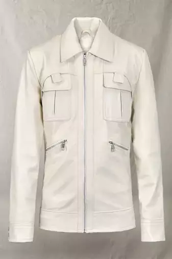 Men's off white lambskin leather coat blazer 2 flap pocket &diagonal zipper detail